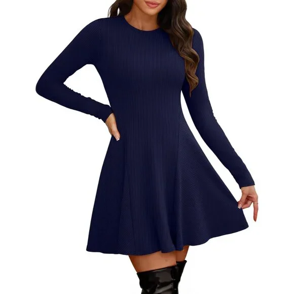 Women Navy Blue Crew Neck Ribbed Knit Flare A-Line Long Sleeve Sweater Dress - Picture 3 of 5